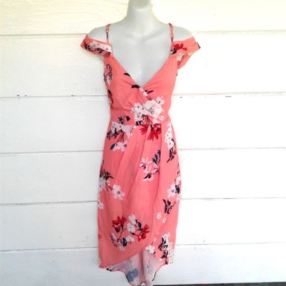 Yoins Women's Orange Floral Sheath Dress Hi Lo Hem Cold Shoulder Size Medium